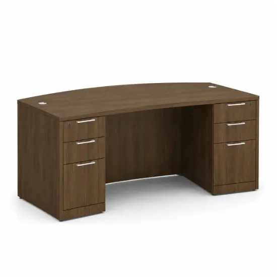 71-inch bow front executive desk with built-in drawers in commercial laminate for executive and professional office spaces.