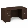 71-inch bow front executive desk with built-in drawers in commercial laminate for executive and professional office spaces.