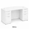 71-inch bow front executive desk with built-in drawers in commercial laminate for executive and professional office spaces.