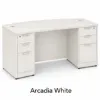 71-inch bow front executive desk with built-in drawers in commercial laminate for executive and professional office spaces.
