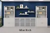 142-inch executive office storage wall with locking lateral file cabinets, open bookcases, and frosted glass door credenza in a commercial executive office