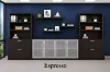 142-inch executive office storage wall with locking lateral file cabinets, open bookcases, and frosted glass door credenza in a commercial executive office