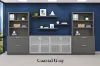 142-inch executive office storage wall with locking lateral file cabinets, open bookcases, and frosted glass door credenza in a commercial executive office