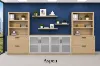 142-inch executive office storage wall with locking lateral file cabinets, open bookcases, and frosted glass door credenza in a commercial executive office