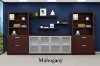142-inch executive office storage wall with locking lateral file cabinets, open bookcases, and frosted glass door credenza in a commercial executive office
