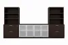 	142-inch executive office storage wall with locking lateral file cabinets, open bookcases, and frosted glass door credenza in a commercial executive office