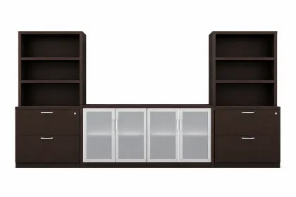 	142-inch executive office storage wall with locking lateral file cabinets, open bookcases, and frosted glass door credenza in a commercial executive office