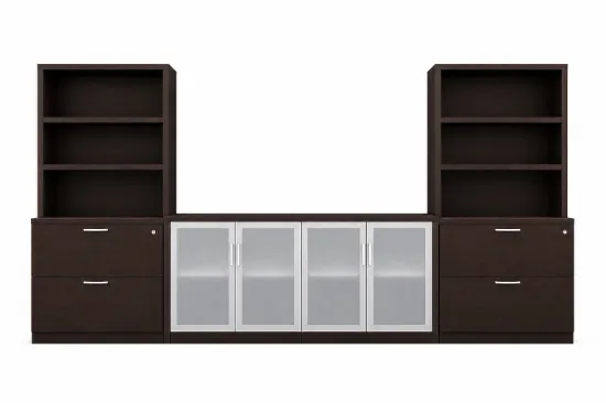 	142-inch executive office storage wall with locking lateral file cabinets, open bookcases, and frosted glass door credenza in a commercial executive office