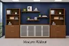142-inch executive office storage wall with locking lateral file cabinets, open bookcases, and frosted glass door credenza in a commercial executive office