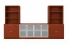 	142-inch executive office storage wall with locking lateral file cabinets, open bookcases, and frosted glass door credenza in a commercial executive office