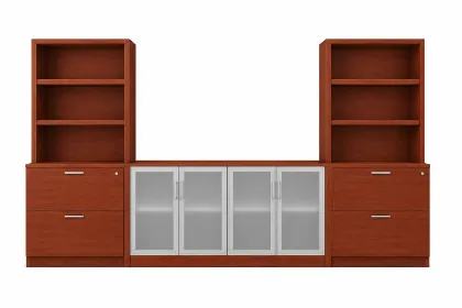 	142-inch executive office storage wall with locking lateral file cabinets, open bookcases, and frosted glass door credenza in a commercial executive office