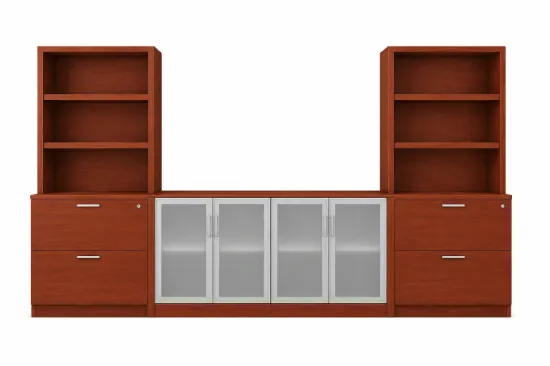 	142-inch executive office storage wall with locking lateral file cabinets, open bookcases, and frosted glass door credenza in a commercial executive office