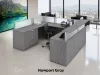 Commercial U-shaped reception desk with elevated transaction counter, frosted acrylic privacy panels, integrated storage, and modern laminate finish.