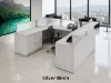Commercial U-shaped reception desk with elevated transaction counter, frosted acrylic privacy panels, integrated storage, and modern laminate finish.