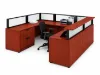 Commercial U-shaped reception desk with elevated transaction counter, frosted acrylic privacy panels, integrated storage, and modern laminate finish.