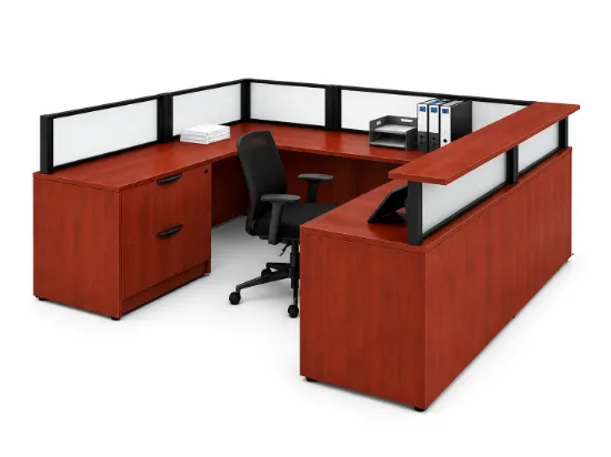 Commercial U-shaped reception desk with elevated transaction counter, frosted acrylic privacy panels, integrated storage, and modern laminate finish.