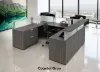 	Commercial U-shaped reception desk with elevated transaction counter, frosted acrylic privacy panels, integrated storage, and modern laminate finish.