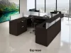 Commercial U-shaped reception desk with elevated transaction counter, frosted acrylic privacy panels, integrated storage, and modern laminate finish.