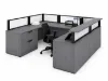 	Commercial U-shaped reception desk with elevated transaction counter, frosted acrylic privacy panels, integrated storage, and modern laminate finish.