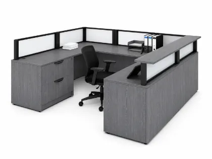 	Commercial U-shaped reception desk with elevated transaction counter, frosted acrylic privacy panels, integrated storage, and modern laminate finish.