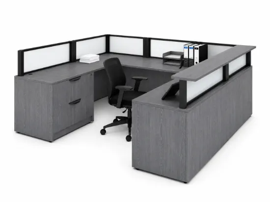 	Commercial U-shaped reception desk with elevated transaction counter, frosted acrylic privacy panels, integrated storage, and modern laminate finish.