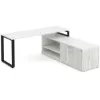 72-inch white L-shaped executive desk with storage credenza, locking file drawers, and black metal legs in a modern commercial office.