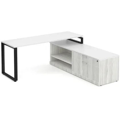 72-inch white L-shaped executive desk with storage credenza, locking file drawers, and black metal legs in a modern commercial office.