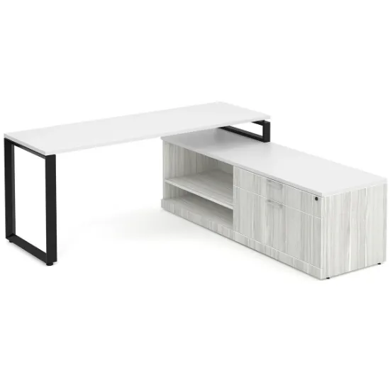 72-inch white L-shaped executive desk with storage credenza, locking file drawers, and black metal legs in a modern commercial office.