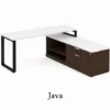72-inch white L-shaped executive desk with storage credenza, locking file drawers, and black metal legs in a modern commercial office