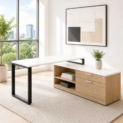 72-inch white L-shaped executive desk with storage credenza, locking file drawers, and black metal legs in a modern commercial office
