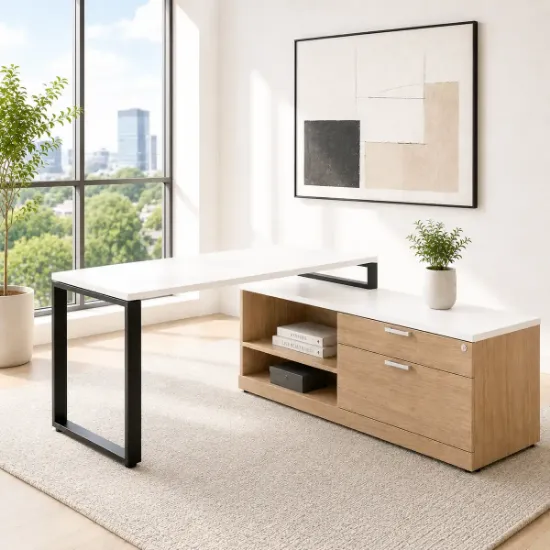72-inch white L-shaped executive desk with storage credenza, locking file drawers, and black metal legs in a modern commercial office