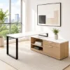 72-inch white L-shaped executive desk with storage credenza, locking file drawers, and black metal legs in a modern commercial office