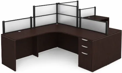142-inch dual reception workstation with acrylic privacy panels, locking box/box/file pedestals, black frame, espresso laminate finish, and large transaction counter.