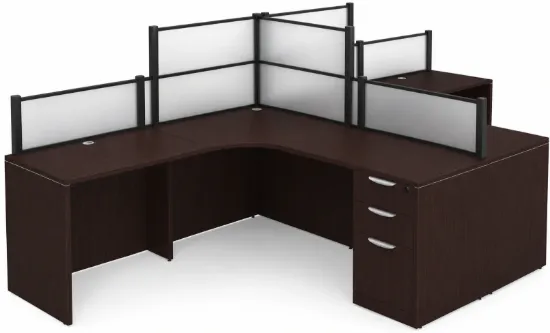 142-inch dual reception workstation with acrylic privacy panels, locking box/box/file pedestals, black frame, espresso laminate finish, and large transaction counter.