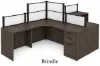 	142-inch dual reception workstation with acrylic privacy panels, locking box/box/file pedestals, black frame, espresso laminate finish, and large transaction counter.
