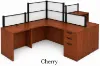 	142-inch dual reception workstation with acrylic privacy panels, locking box/box/file pedestals, black frame, espresso laminate finish, and large transaction counter.