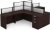 142-inch dual reception workstation with acrylic privacy panels, locking box/box/file pedestals, black frame, espresso laminate finish, and large transaction counter.