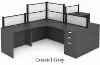 142-inch dual reception workstation with acrylic privacy panels, locking box/box/file pedestals, black frame, espresso laminate finish, and large transaction counter.