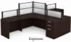 142-inch dual reception workstation with acrylic privacy panels, locking box/box/file pedestals, black frame, espresso laminate finish, and large transaction counter.
