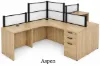	142-inch dual reception workstation with acrylic privacy panels, locking box/box/file pedestals, black frame, espresso laminate finish, and large transaction counter.