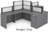 	142-inch dual reception workstation with acrylic privacy panels, locking box/box/file pedestals, black frame, espresso laminate finish, and large transaction counter.