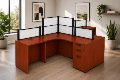 	142-inch dual reception workstation with acrylic privacy panels, locking box/box/file pedestals, black frame, espresso laminate finish, and large transaction counter.