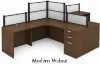 142-inch dual reception workstation with acrylic privacy panels, locking box/box/file pedestals, black frame, espresso laminate finish, and large transaction counter.