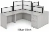 	142-inch dual reception workstation with acrylic privacy panels, locking box/box/file pedestals, black frame, espresso laminate finish, and large transaction counter.