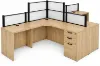  dual reception workstation with acrylic privacy panels, locking box/box/file pedestals, black frame, espresso laminate finish, and large transaction counter