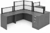 2-person workstation with acrylic privacy panels, locking box/box/file pedestals, black frame, espresso laminate finish, and large transaction counter