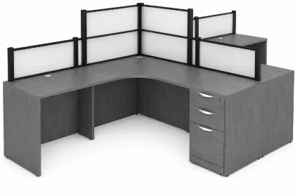 2-person workstation with acrylic privacy panels, locking box/box/file pedestals, black frame, espresso laminate finish, and large transaction counter
