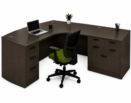 Bow Front Executive L-Shaped Desk with locking file drawers in a modern commercial office.