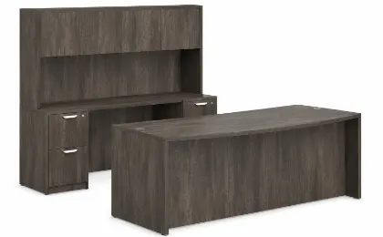 71-inch executive bow front desk with matching storage credenza, overhead hutch, and locking file drawers in a modern executive office.