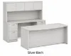 71-inch executive bow front desk with matching storage credenza, overhead hutch, and locking file drawers in a modern executive office.